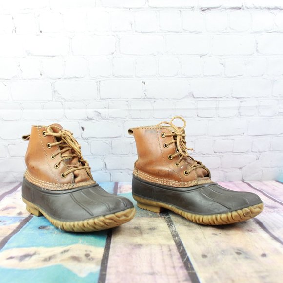Vintage LL Bean Unlined Brown Leather Lace Up Leather Duck Boots Size 7 - Picture 3 of 9